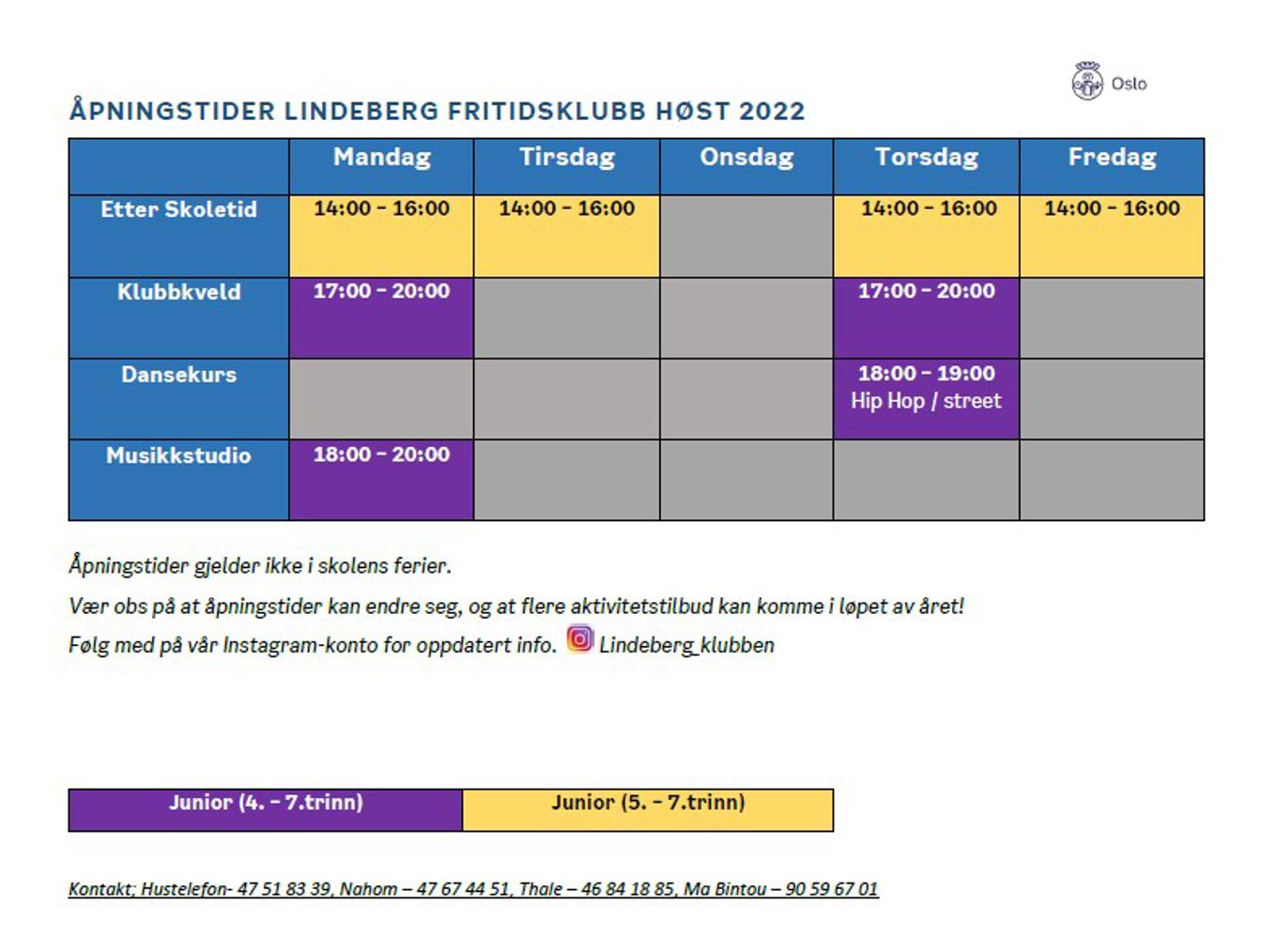 Ukeplan Lindeberg fritidsklubb